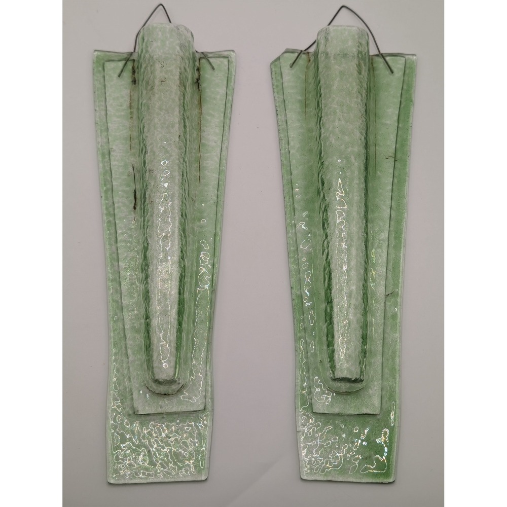 Vintage Fused Glass Wall Pocket Vases Set of 2 Light Green Textured Bud Vases